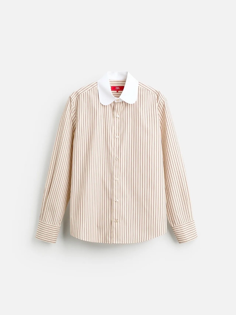 Men's Beige Striped Button-Up Shirt with White Collar